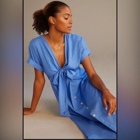 Maeve by Anthropologie Sky Blue Midi linen blend Dress - Picture 2 of 13